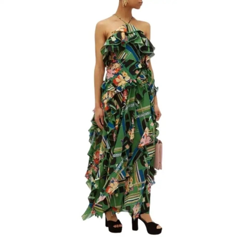 GUCCI Green Floral Check-Print Ruffled Silk-Crepe Gown dress size IT 42/ US 6 NE